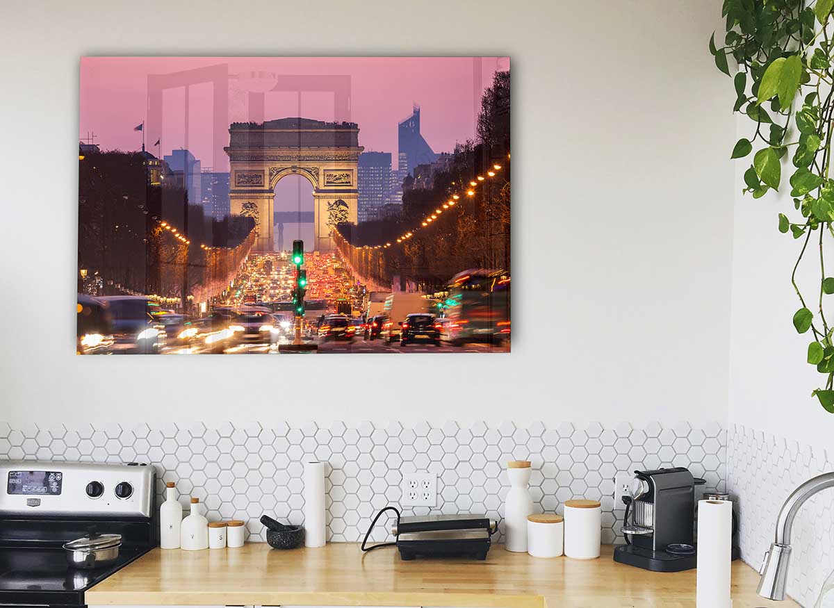 A modern glass print of the Arc De Triomphe, showcasing vibrant colors and intricate details, perfect for stylish home decor.
