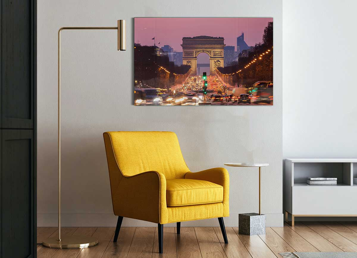 A modern glass print of the Arc De Triomphe, showcasing vibrant colors and intricate details, perfect for stylish home decor.