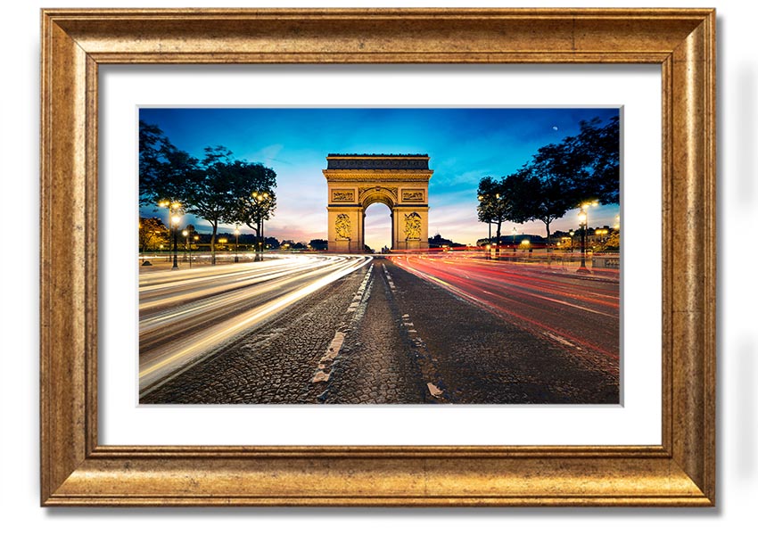 Framed print of the Arc De Triomphe, showcasing intricate details and vibrant colors, available in various frame options.
