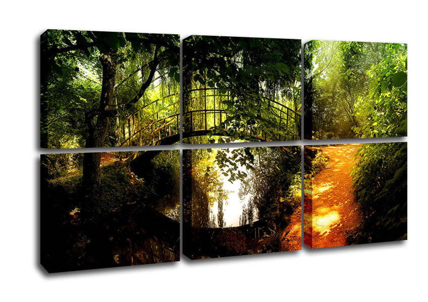 Canvas art featuring an arched bridge reflection, mounted on a box frame, ready to hang.