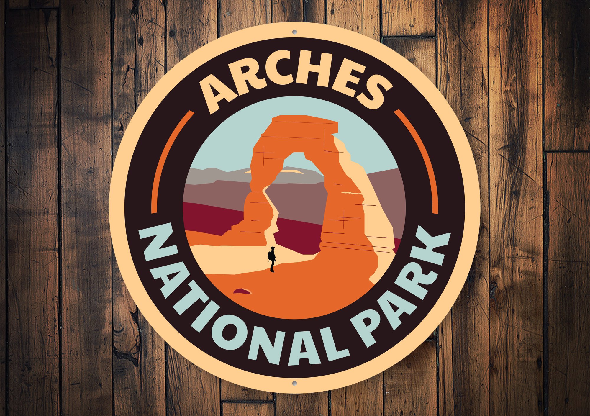 Arches National Park Sign made of high-quality aluminum, featuring vibrant colors and a scenic design, perfect for home decor.