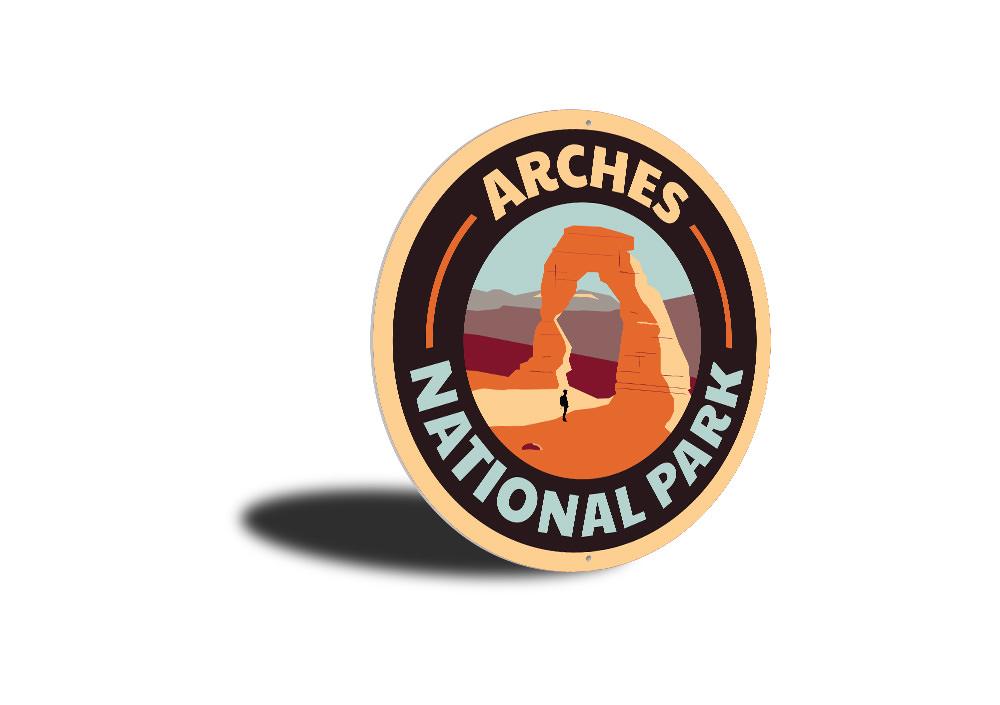 Arches National Park Sign made of high-quality aluminum, featuring vibrant colors and a scenic design, perfect for home decor.