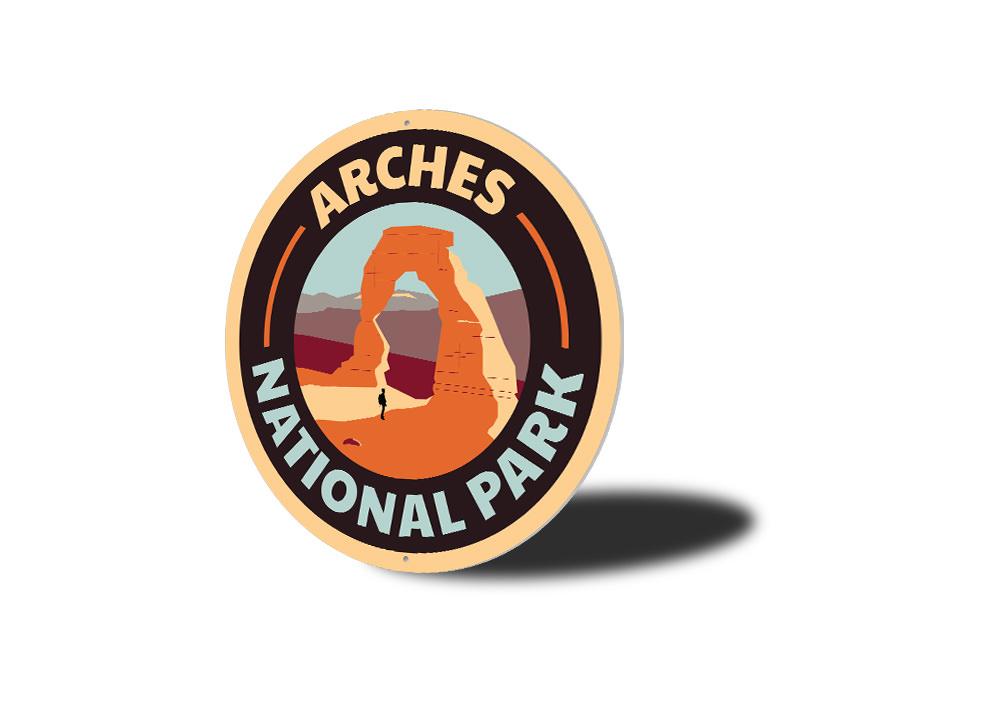 Arches National Park Sign made of high-quality aluminum, featuring vibrant colors and a scenic design, perfect for home decor.