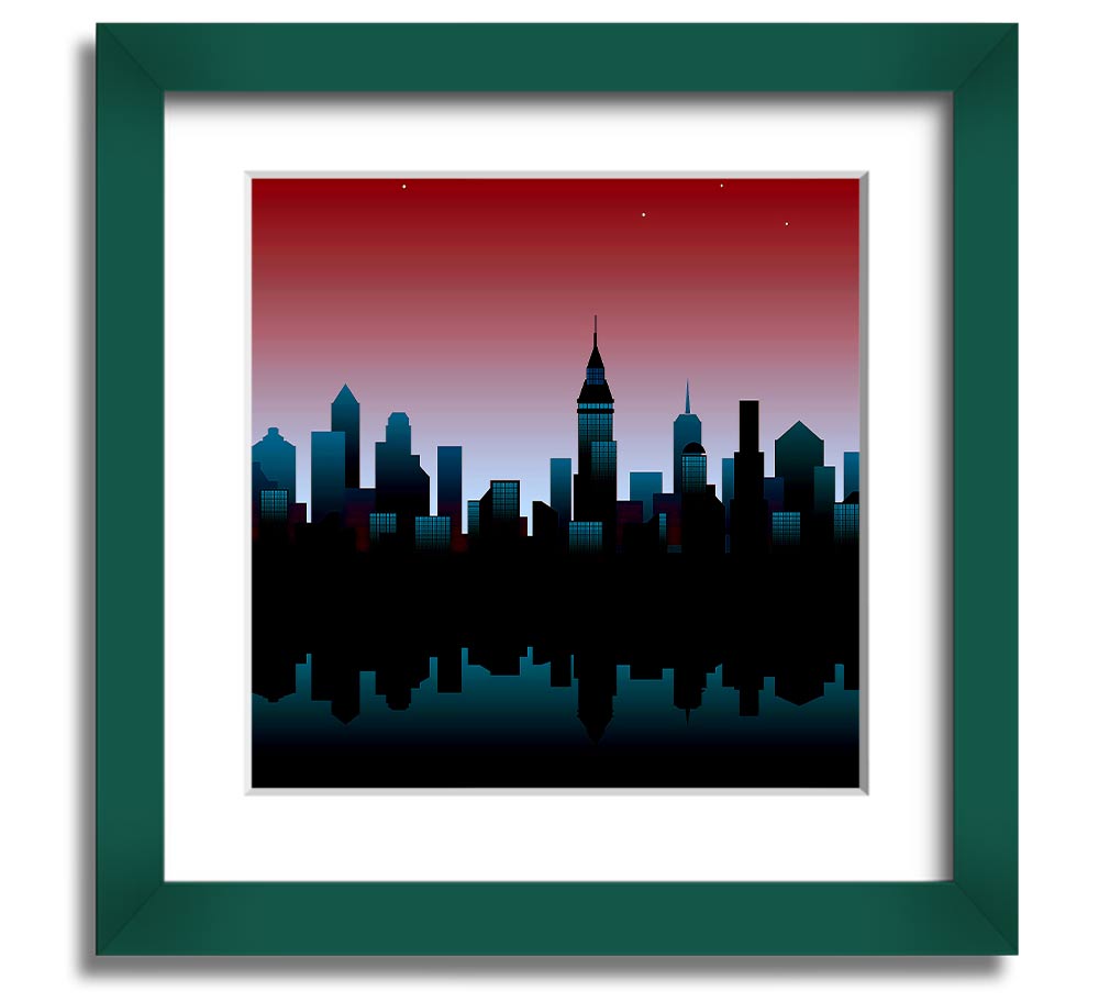 Square framed print of city reflections, handmade in the UK, available in various frame colors.