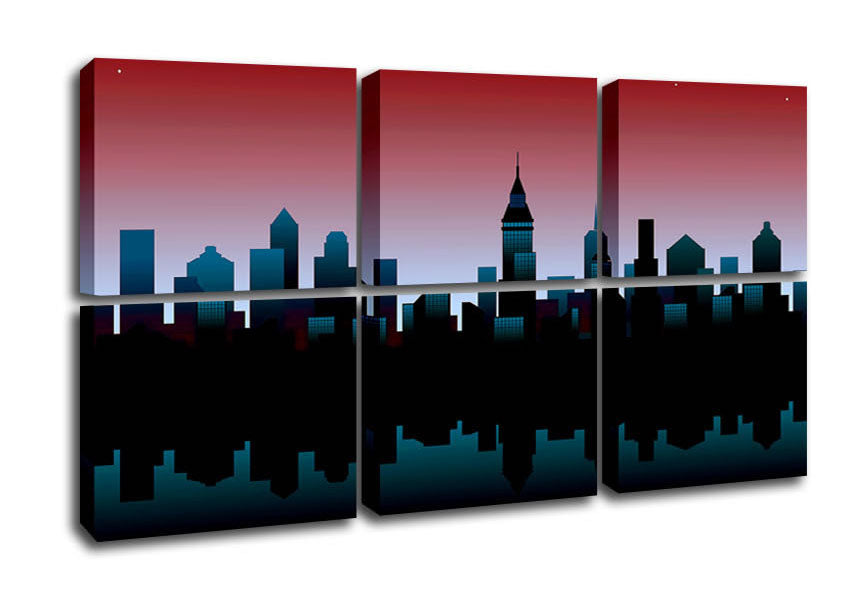 Architects New City Reflections canvas art mounted on a 44mm box frame, showcasing a vibrant urban landscape.