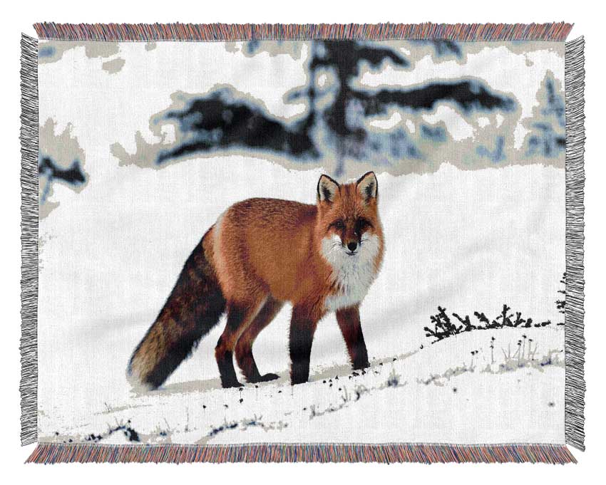 A cozy Arctic Fox In Snow throw blanket made from 100% cotton, featuring a thermal weave design, draped elegantly over a couch.