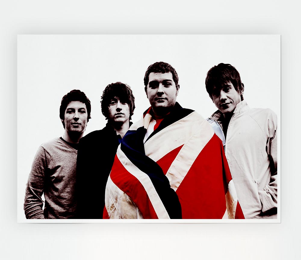Arctic Monkeys British Flag B n W poster on canvas, featuring a striking black and white design of the British flag.