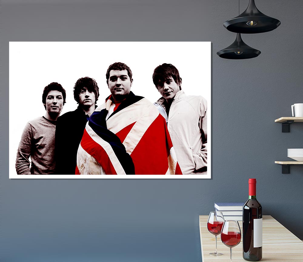 Arctic Monkeys British Flag B n W poster on canvas, featuring a striking black and white design of the British flag.