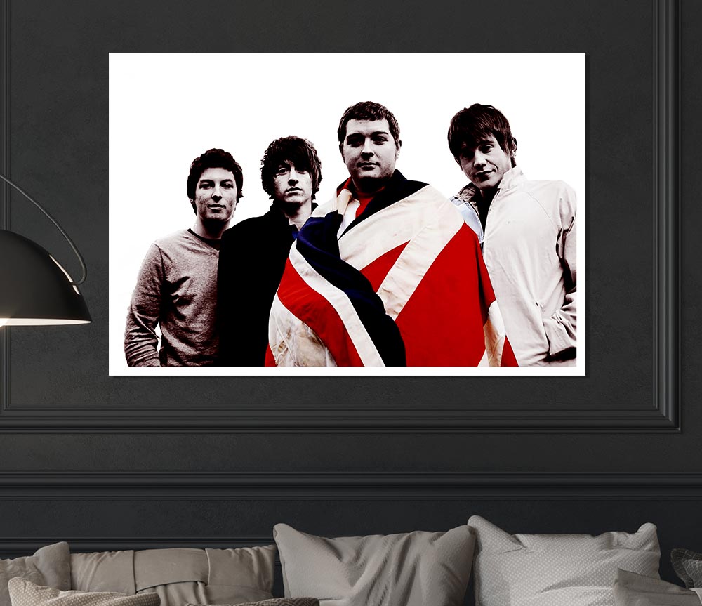 Arctic Monkeys British Flag B n W poster on canvas, featuring a striking black and white design of the British flag.