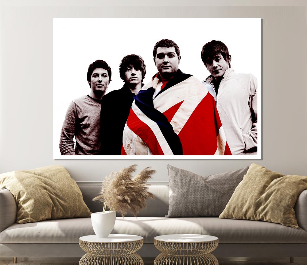 Arctic Monkeys British Flag B n W poster on canvas, featuring a striking black and white design of the British flag.