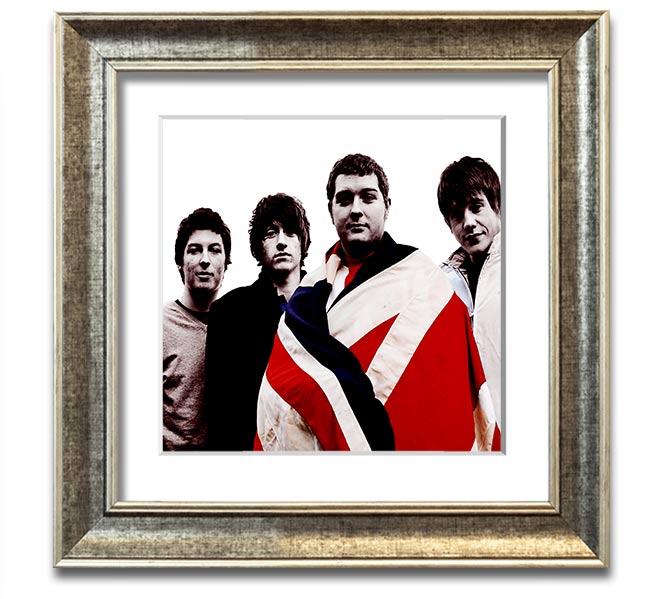 Arctic Monkeys British Flag black and white framed print, showcasing the iconic design in a stylish frame.