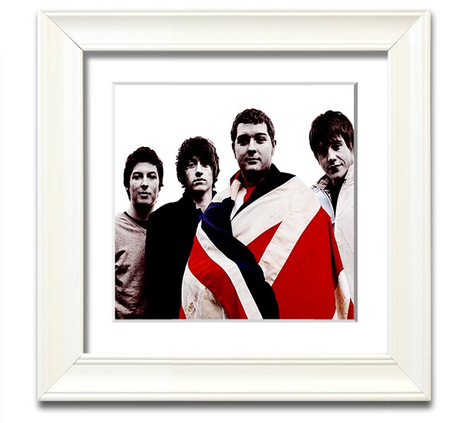 Arctic Monkeys British Flag black and white framed print, showcasing the iconic design in a stylish frame.