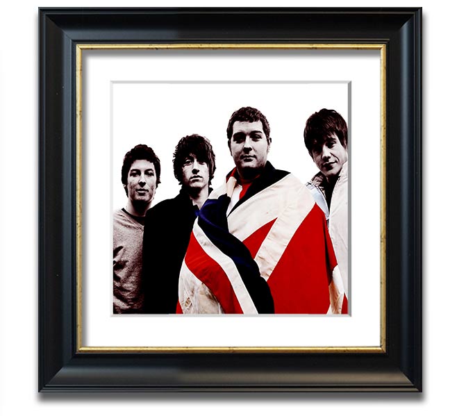 Arctic Monkeys British Flag black and white framed print, showcasing the iconic design in a stylish frame.