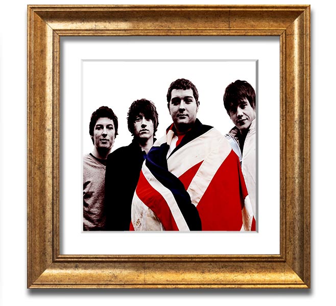 Arctic Monkeys British Flag black and white framed print, showcasing the iconic design in a stylish frame.