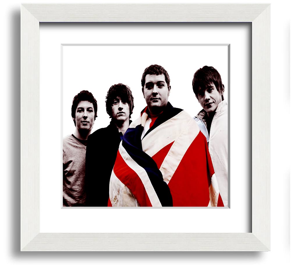 Arctic Monkeys British Flag black and white framed print, showcasing the iconic design in a stylish frame.