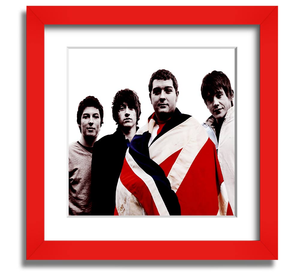 Arctic Monkeys British Flag black and white framed print, showcasing the iconic design in a stylish frame.