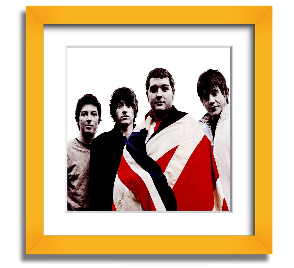 Arctic Monkeys British Flag black and white framed print, showcasing the iconic design in a stylish frame.