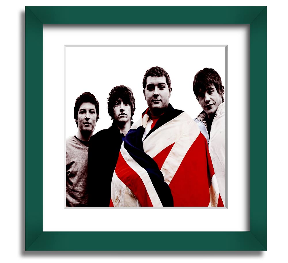Arctic Monkeys British Flag black and white framed print, showcasing the iconic design in a stylish frame.
