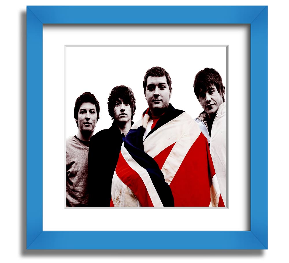 Arctic Monkeys British Flag black and white framed print, showcasing the iconic design in a stylish frame.