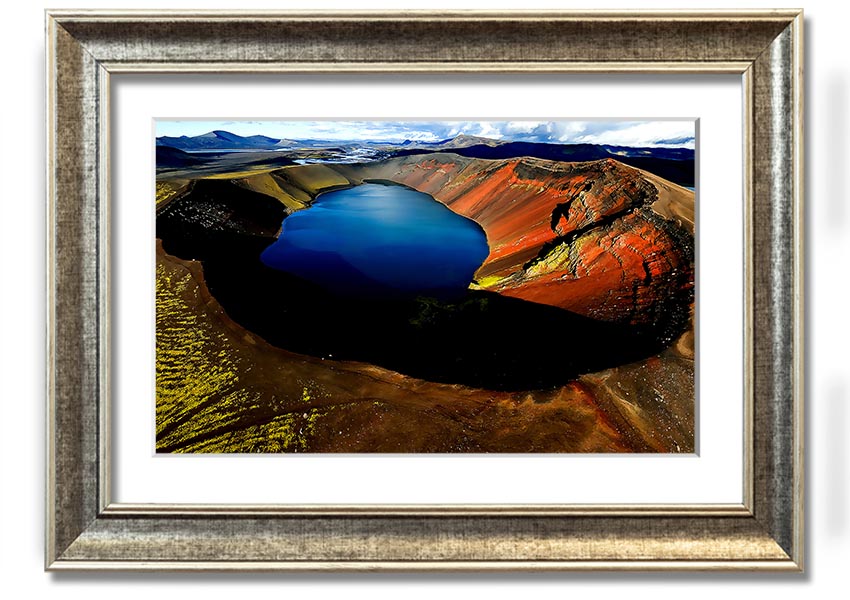 A beautifully framed Arctic Volcanic print showcasing stunning volcanic landscapes, available in various frame colors.