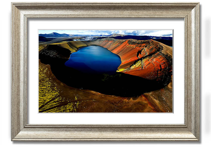 A beautifully framed Arctic Volcanic print showcasing stunning volcanic landscapes, available in various frame colors.