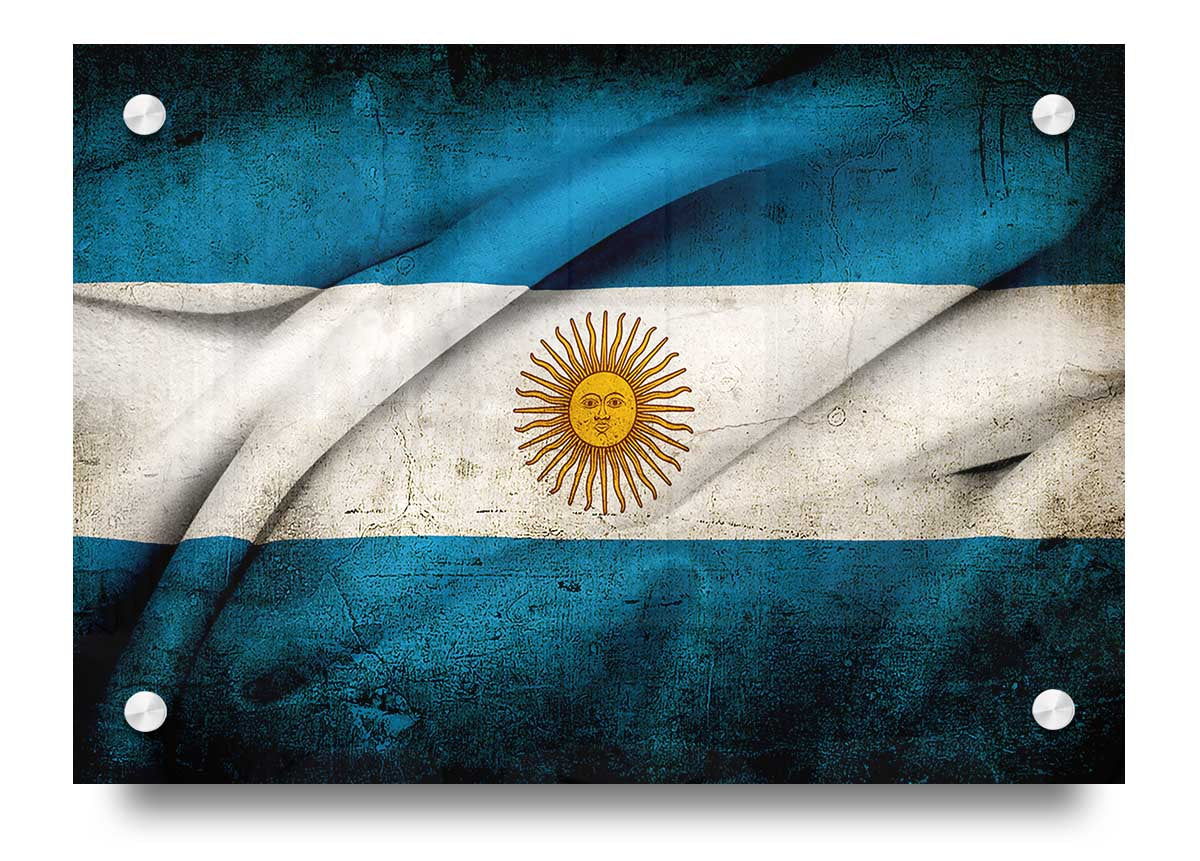 Vibrant acrylic print of the Argentina Sun Flag, showcasing the sun emblem on a clear background.