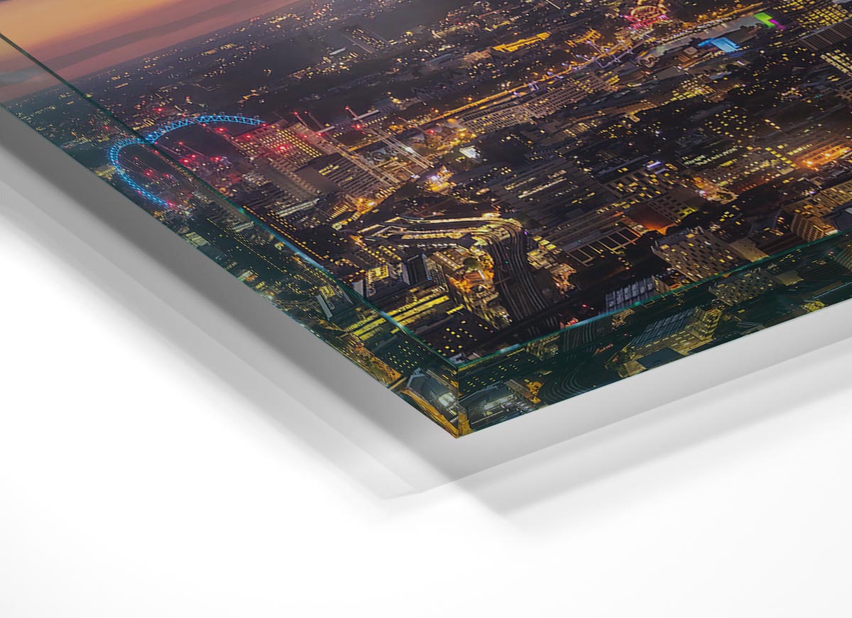 Ariel Twilight View glass print showcasing a vibrant twilight scene, perfect for modern home decor.