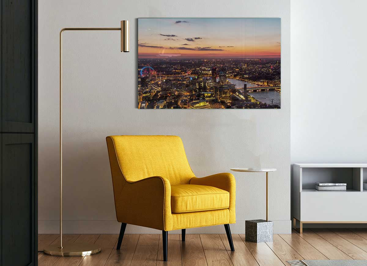 Ariel Twilight View glass print showcasing a vibrant twilight scene, perfect for modern home decor.