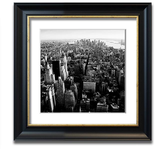 Aerial view of Chicago in black and white, framed elegantly, showcasing the city's skyline and architecture.