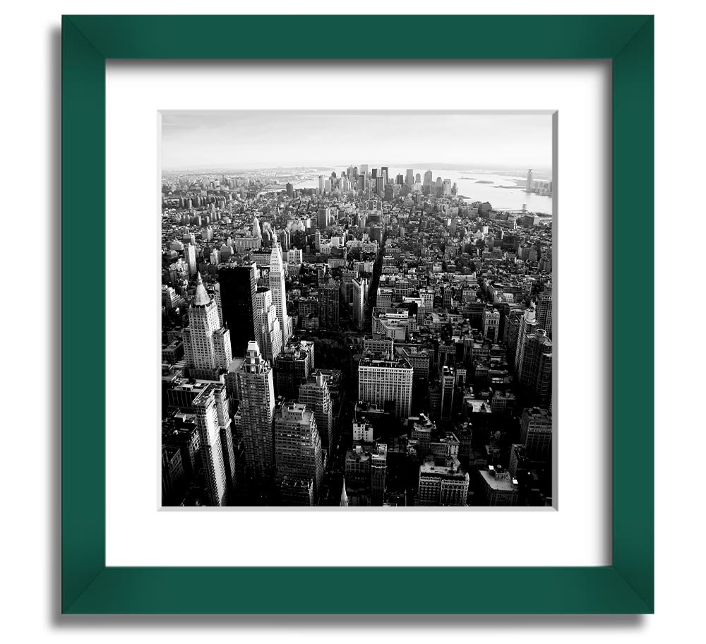 Aerial view of Chicago in black and white, framed elegantly, showcasing the city's skyline and architecture.