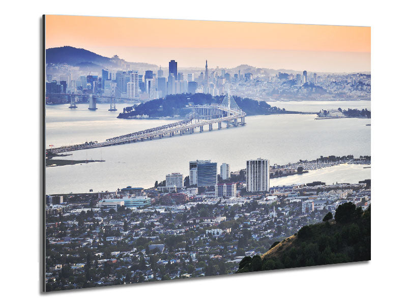 A stunning aerial view of a city printed on brushed aluminium dibond, showcasing modern art with a sleek finish.