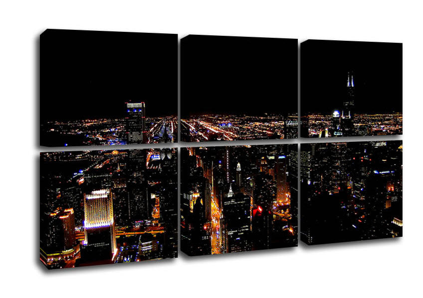A vibrant canvas art piece depicting an aerial view of a city at night, showcasing illuminated buildings and streets.
