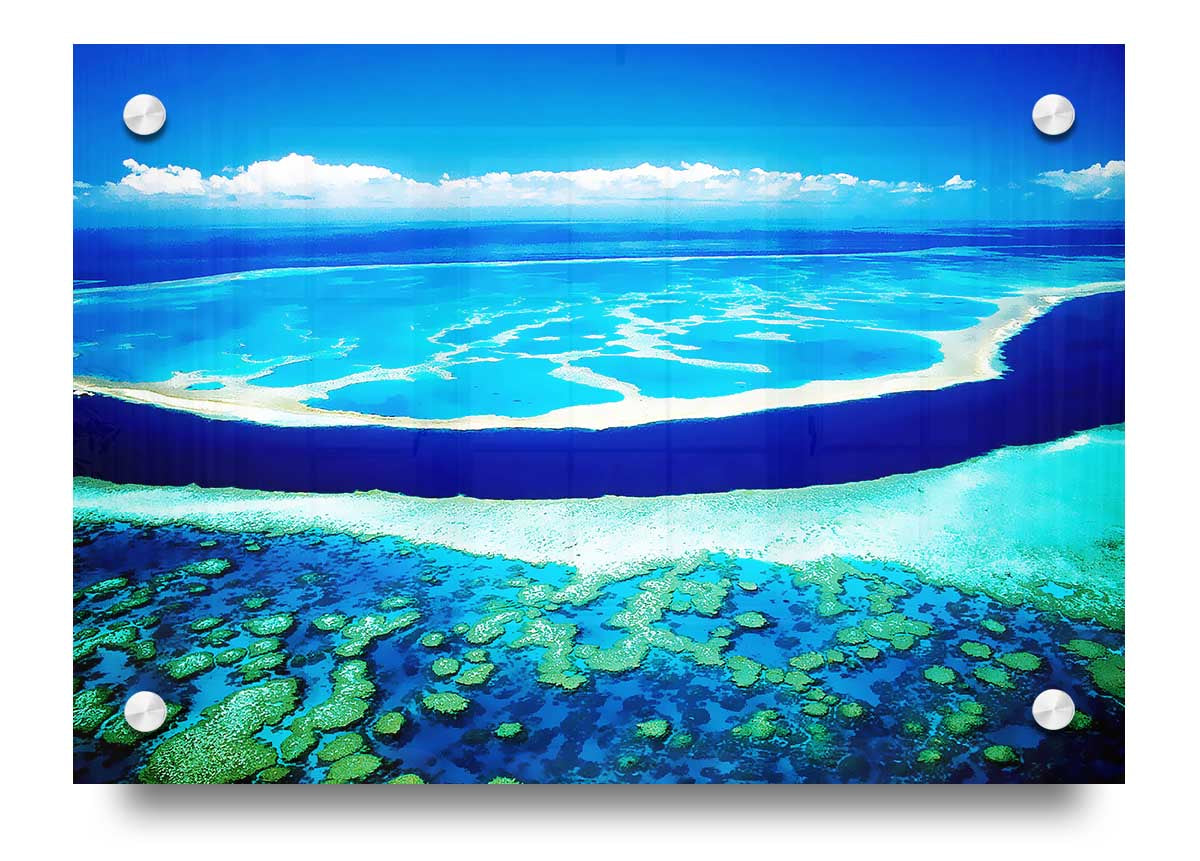 Aerial view of a turquoise ocean printed on acrylic glass, showcasing vibrant colors and serene waves.