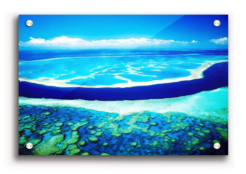Aerial view of a turquoise ocean printed on acrylic glass, showcasing vibrant colors and serene waves.