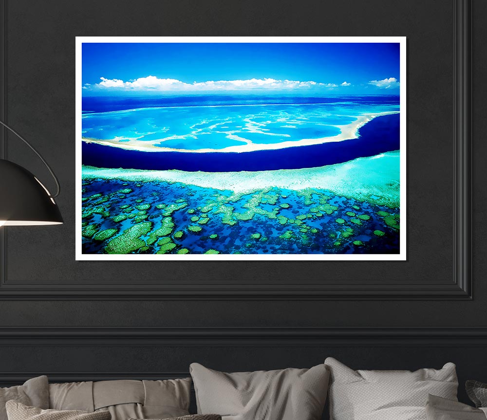 A beautiful canvas poster featuring an aerial view of the turquoise ocean, showcasing vibrant blue hues and serene water patterns.