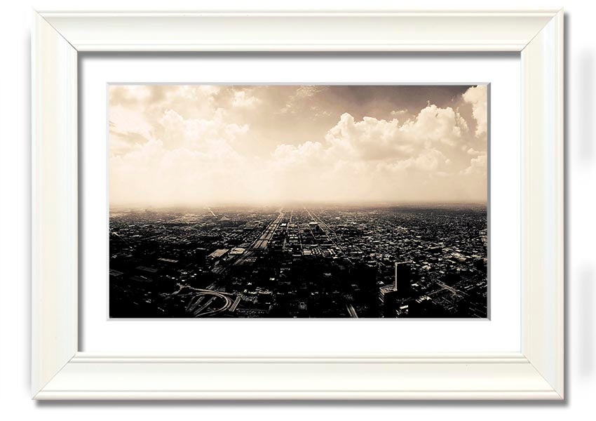 Aerial view of a vibrant city captured in a framed print, showcasing intricate details and colors.