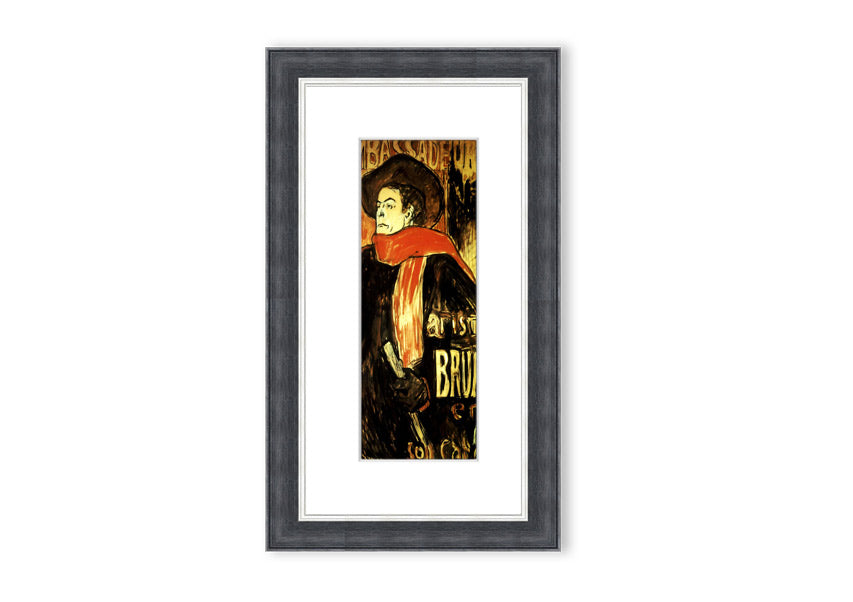 Framed print of Aristide Bruant Study by Toulouse Lautrec, showcasing vibrant colors and intricate details.