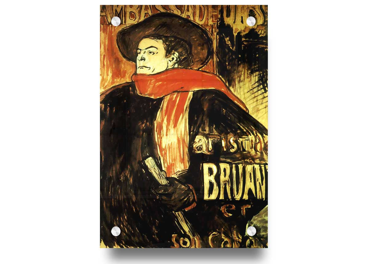 Acrylic print of Aristide Bruant Study by Toulouse Lautrec, showcasing vibrant colors and intricate details on 5mm thick acrylic glass.