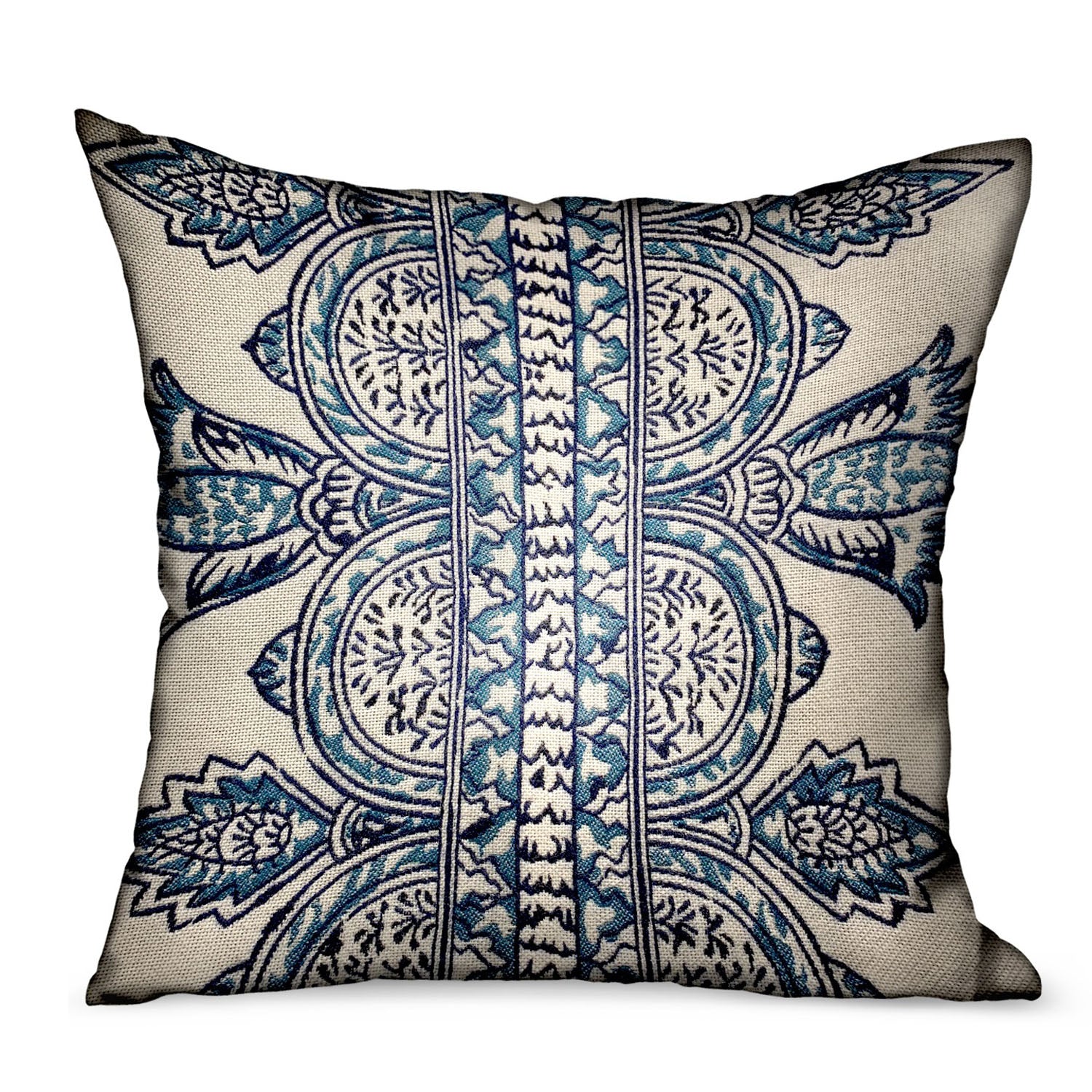 Aristocratic Floret White/Blue Paisley Luxury Throw pillow showcasing elegant paisley design, durable Sunbrella fabric, and invisible zipper closure.