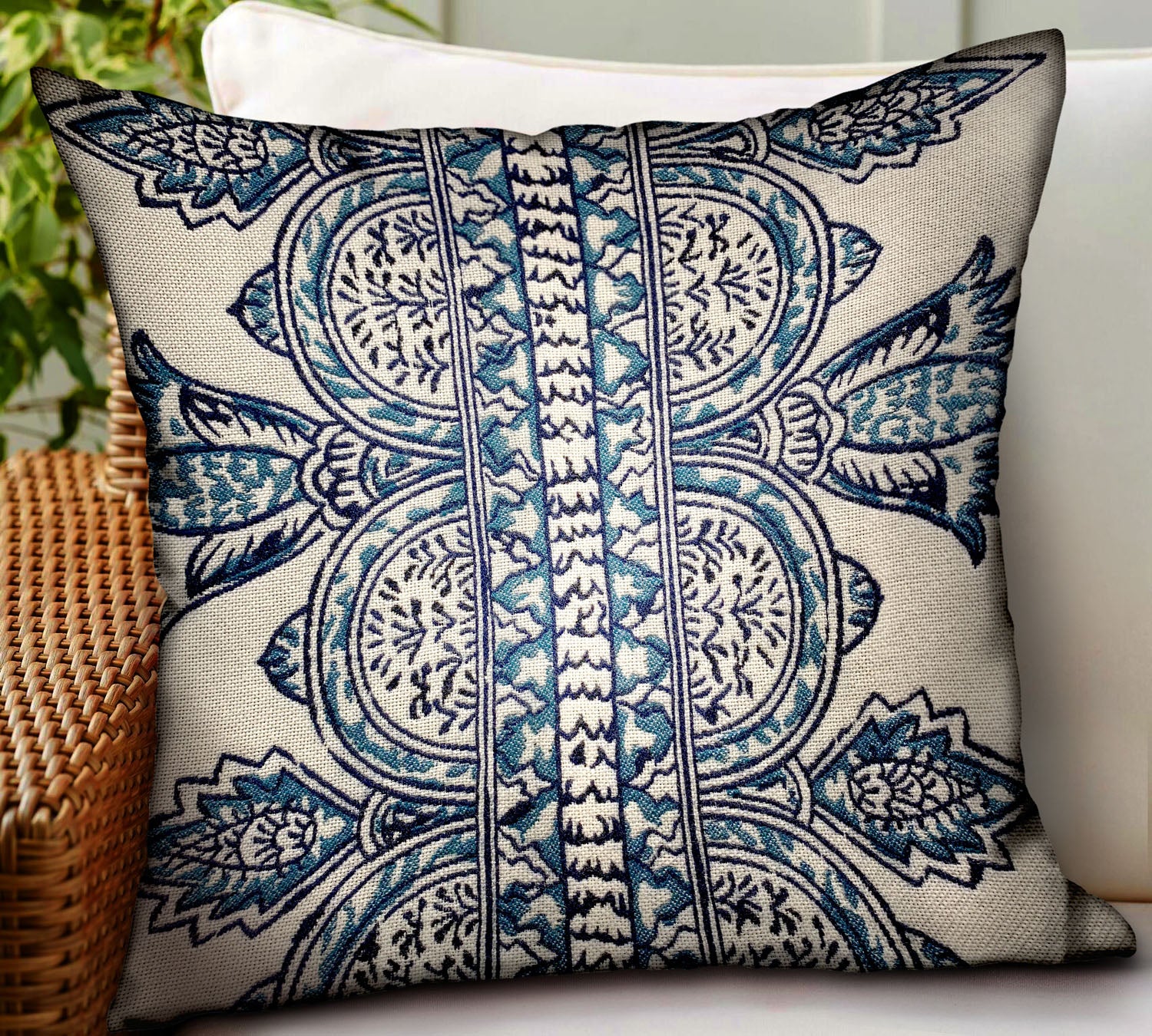 Aristocratic Floret White/Blue Paisley Luxury Throw pillow showcasing elegant paisley design, durable Sunbrella fabric, and invisible zipper closure.