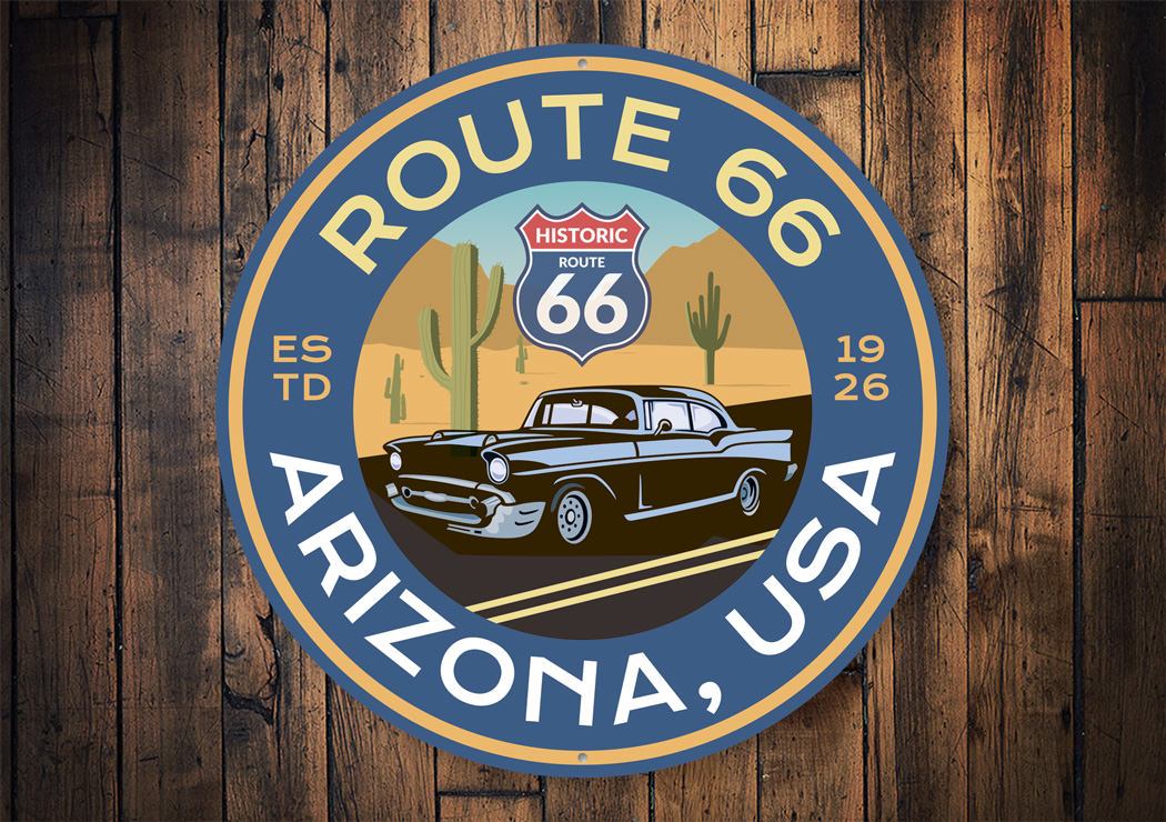 Arizona Historic Route 66 novelty sign made of aluminum, featuring vibrant colors and a vintage design, perfect for home decor.