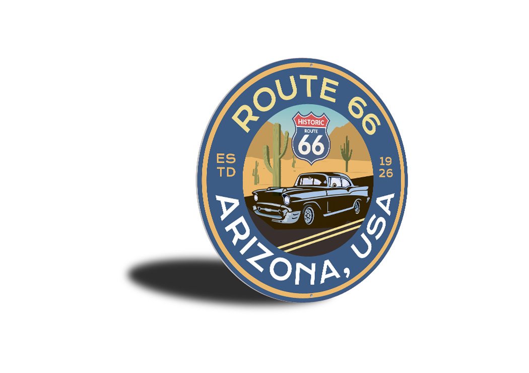 Arizona Historic Route 66 novelty sign made of aluminum, featuring vibrant colors and a vintage design, perfect for home decor.