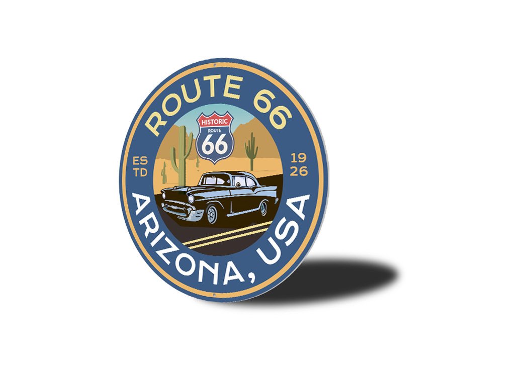Arizona Historic Route 66 novelty sign made of aluminum, featuring vibrant colors and a vintage design, perfect for home decor.