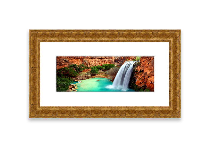Framed print of Arizona Waterfalls, showcasing vibrant colors and serene natural beauty, available in various frame colors.