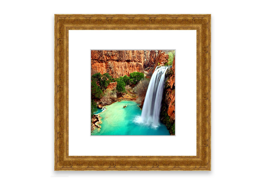 Framed print of Arizona Waterfalls, showcasing vibrant colors and serene natural beauty, available in various frame colors.