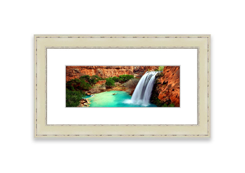 Framed print of Arizona Waterfalls, showcasing vibrant colors and serene natural beauty, available in various frame colors.