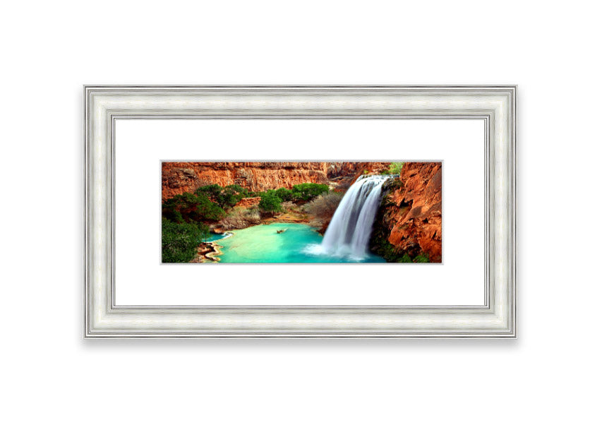 Framed print of Arizona Waterfalls, showcasing vibrant colors and serene natural beauty, available in various frame colors.