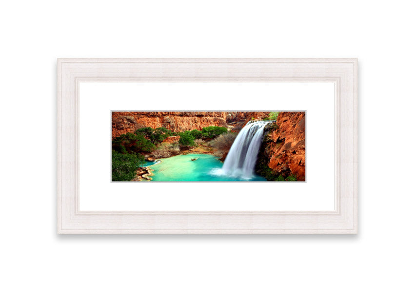 Framed print of Arizona Waterfalls, showcasing vibrant colors and serene natural beauty, available in various frame colors.