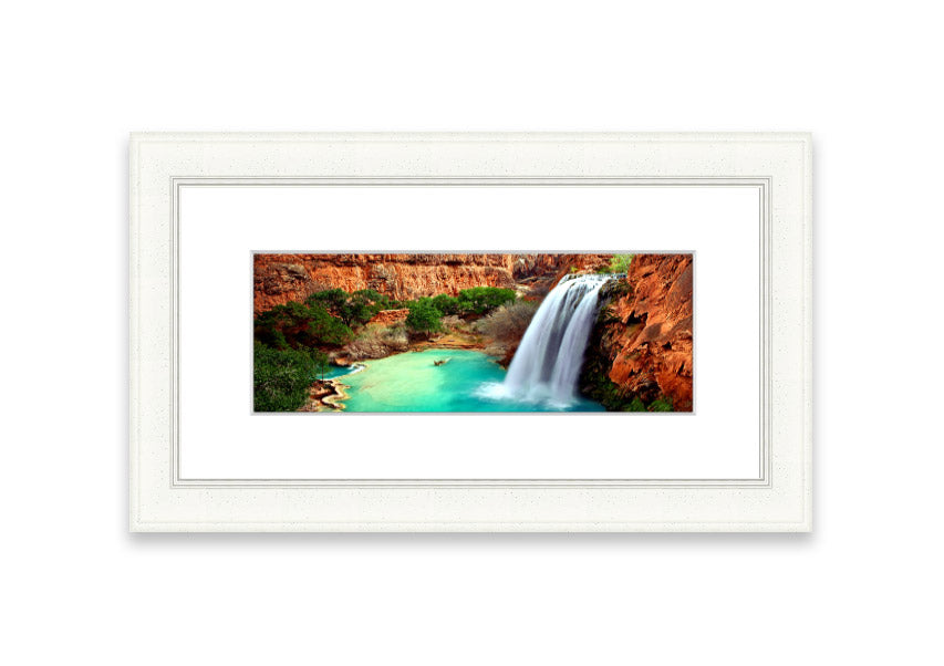 Framed print of Arizona Waterfalls, showcasing vibrant colors and serene natural beauty, available in various frame colors.