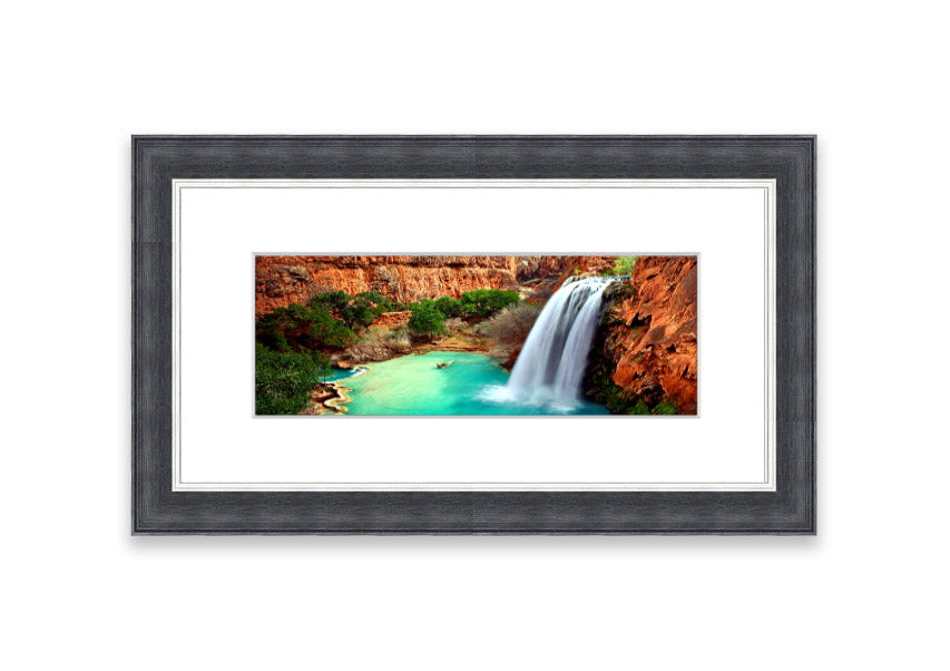 Framed print of Arizona Waterfalls, showcasing vibrant colors and serene natural beauty, available in various frame colors.